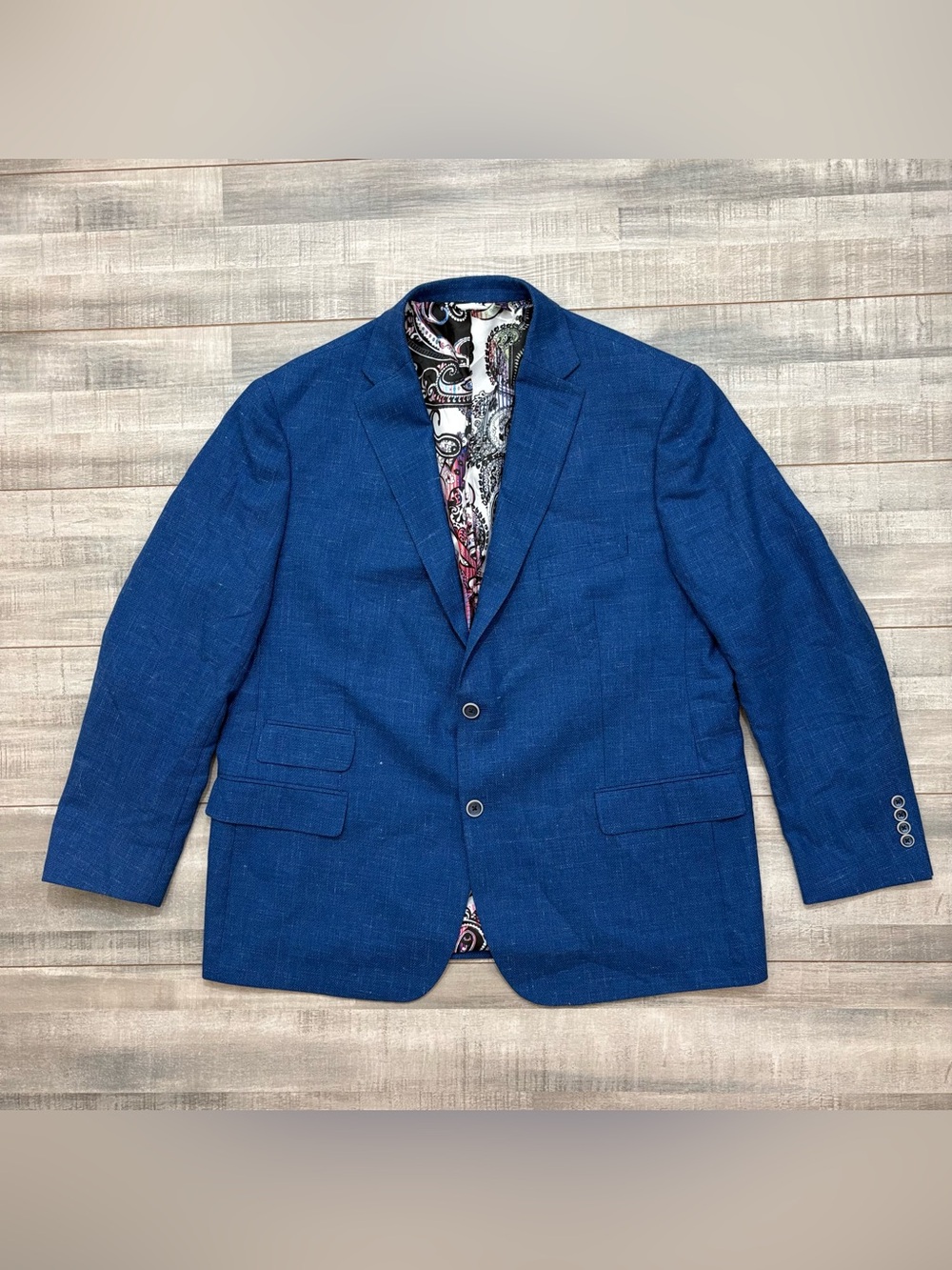 Robert Graham Tailored Fit Sports Coat Wool Linen Blazer Jacket Size 50R Blue